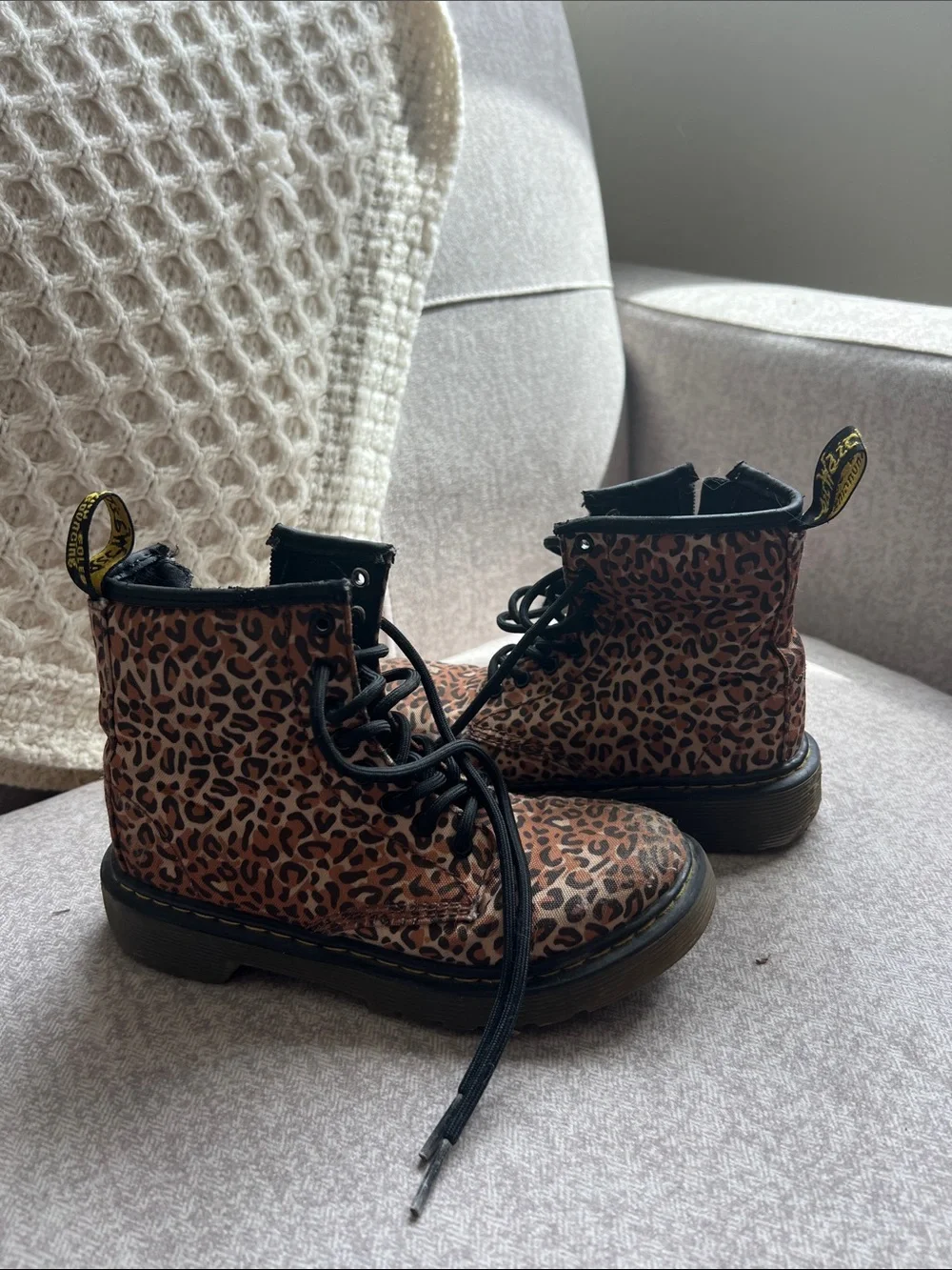 Dr. Martens Kids Leopard Combat Boots in Brown and Black